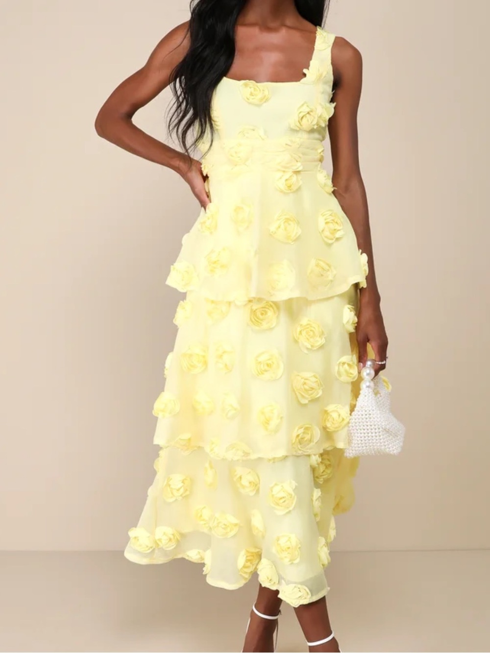 Lulu's Lemon Tiered Midi Dress with 3D Floral Appliqués | Size XXL